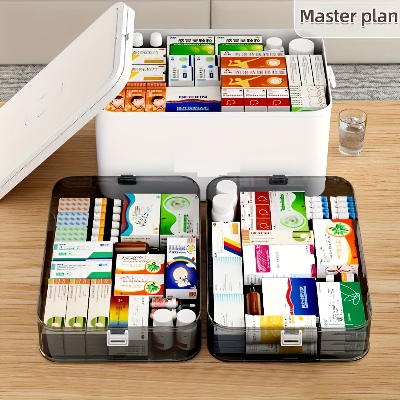 Durable multi-layer pill organizer box with handle for home and travel. Transparent plastic, non-food contact.