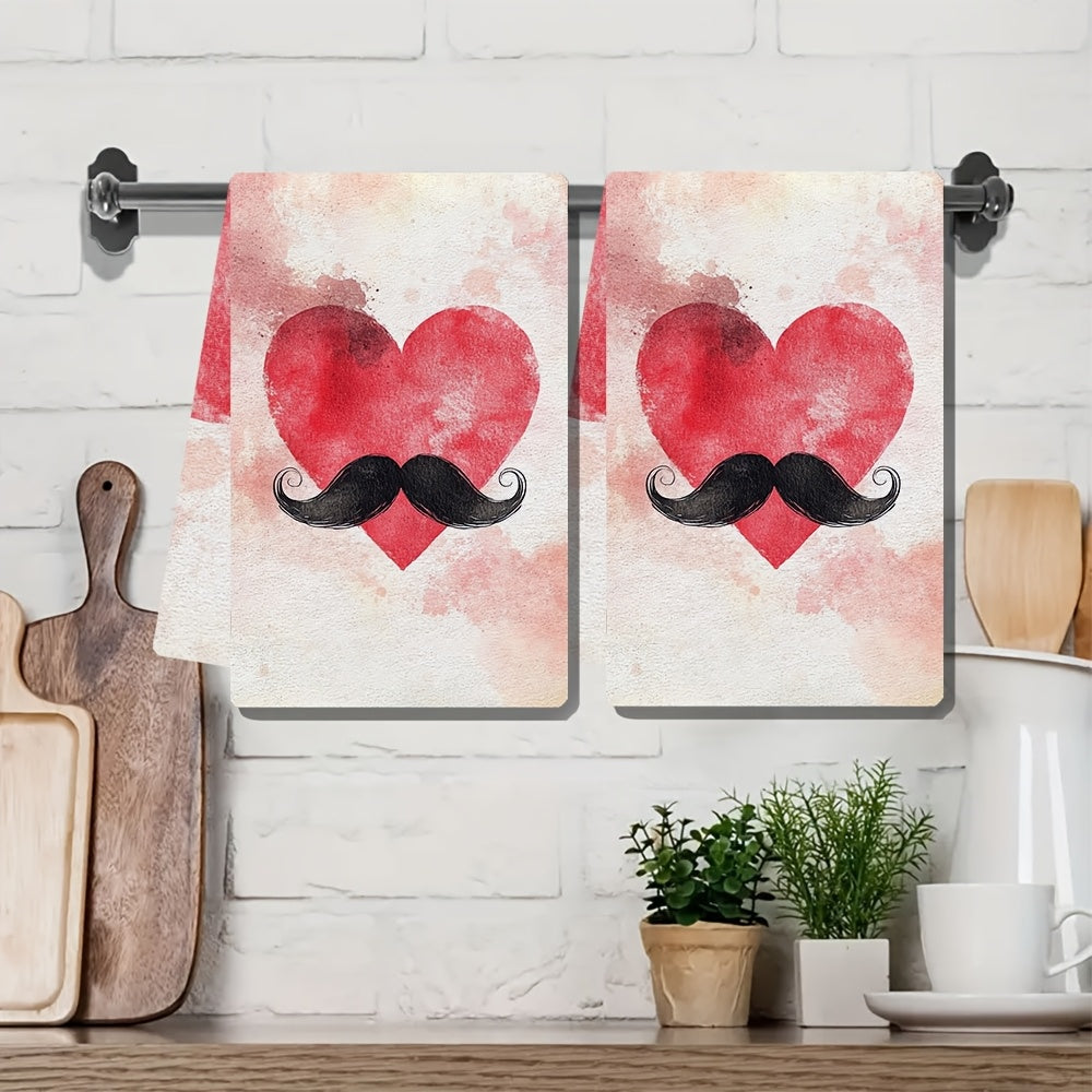 Set of 2 Ultra Soft Kitchen Towels with Fun Heart and Mustache Design, Super Absorbent Polyester Dish Hand Towels, Easy to Clean in Washing Machine, Size 40.64x60.96 cm - Perfect for Valentine's Day Decor and Daily Use in the Kitchen, Dish Towels