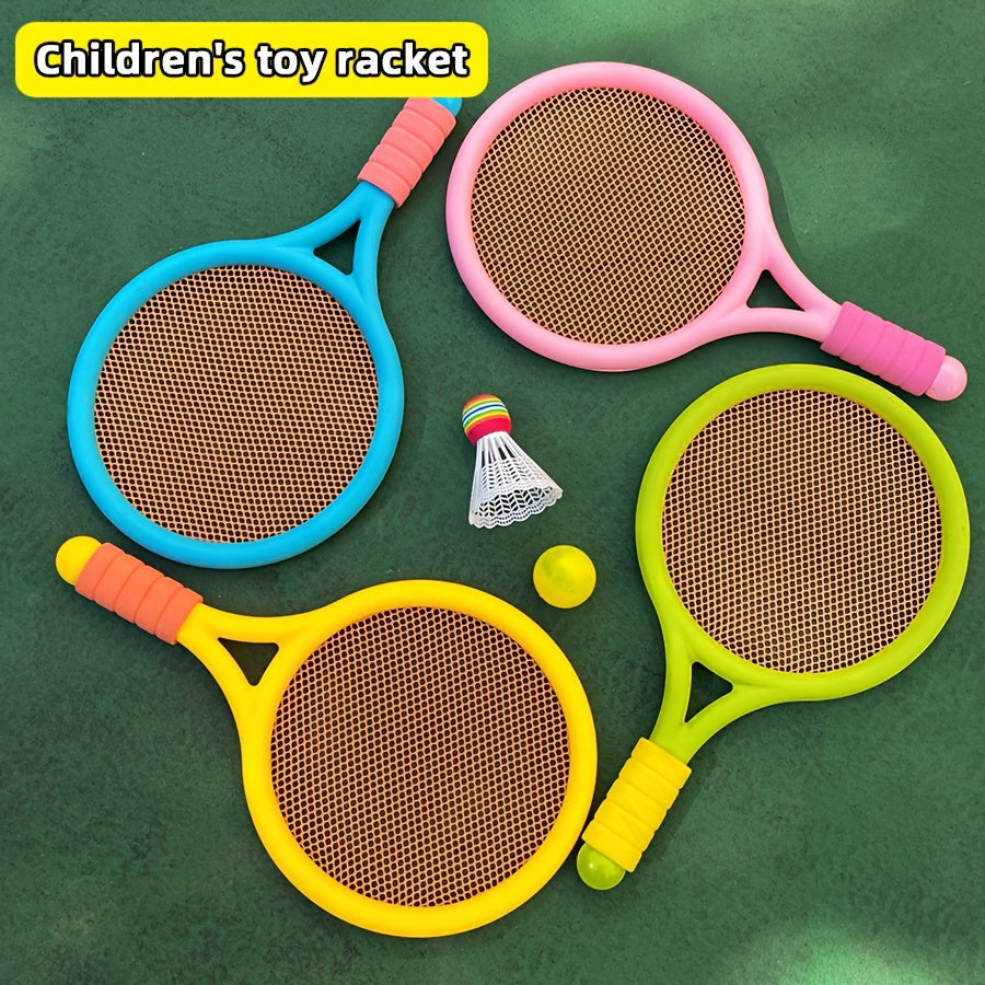 Kids badminton and tennis racket set for ages 3-6. Interactive outdoor family sports game. Educational coordination play toys made of durable plastic with anti-slip soft handle.