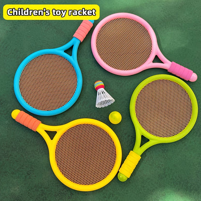 Kids badminton and tennis racket set for ages 3-6. Interactive outdoor family sports game. Educational coordination play toys made of durable plastic with anti-slip soft handle.