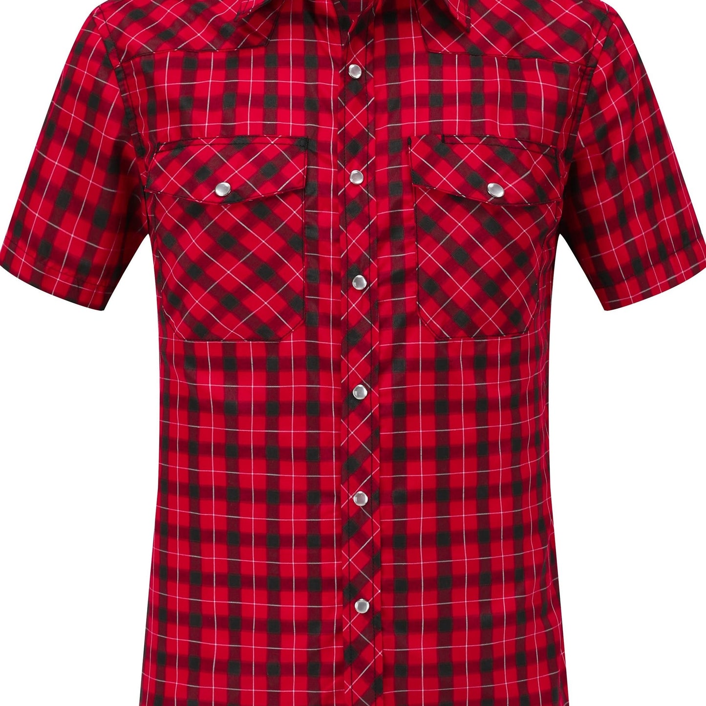 Men's Summer Casual Plaid Shirt, 94% Polyester 6% Cotton, Short Sleeve, Skinny Fit, Lapel Collar, Single Breasted, 2 Pockets with Pen Holder, Lightweight Fabric, Pearl Snap Buttons, Regular