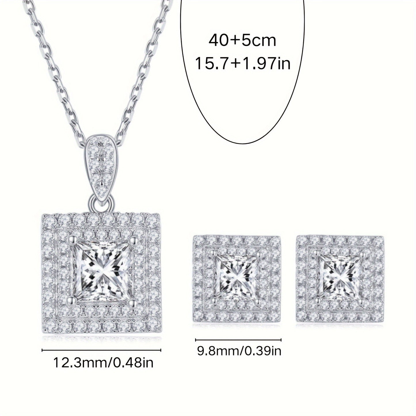 This luxurious jewelry set for women features a stunning collection of S925 silver square moissanite pieces. Included is a 1ct moissanite necklace and 0.5*2ct moissanite earrings, both designed to sparkle and shine. This set is perfect for gifting