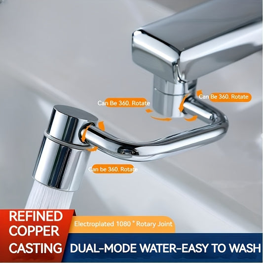 Stainless steel faucet extender rotates 1080 degrees, with dual spray mode and rust-resistant design. Comes with adapter for universal fit.