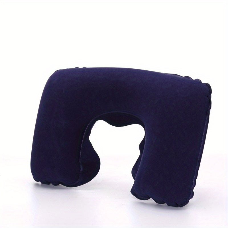 Inflatable U-shaped Travel Pillow Set with Short Plush Cover, PVC Support Headrest, Earplugs, and Eyeshade for Car or Office Use