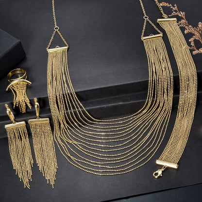 ZEADEAR Copper Jewelry Set includes a pair of dangle earrings, a ring, and a necklace all featuring tassel design. Perfect for women to wear at wedding parties or as stylish decor.