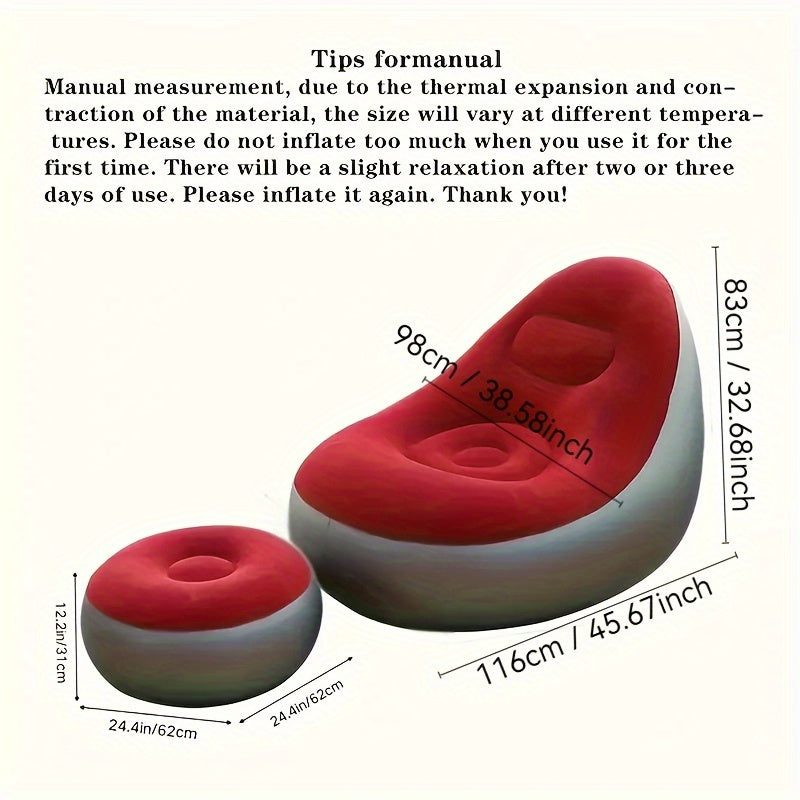 Red Modern Velvet Portable Inflatable Lazy Sofa with Footrest - Perfect for Home and Outdoor Camping, Easy to Clean