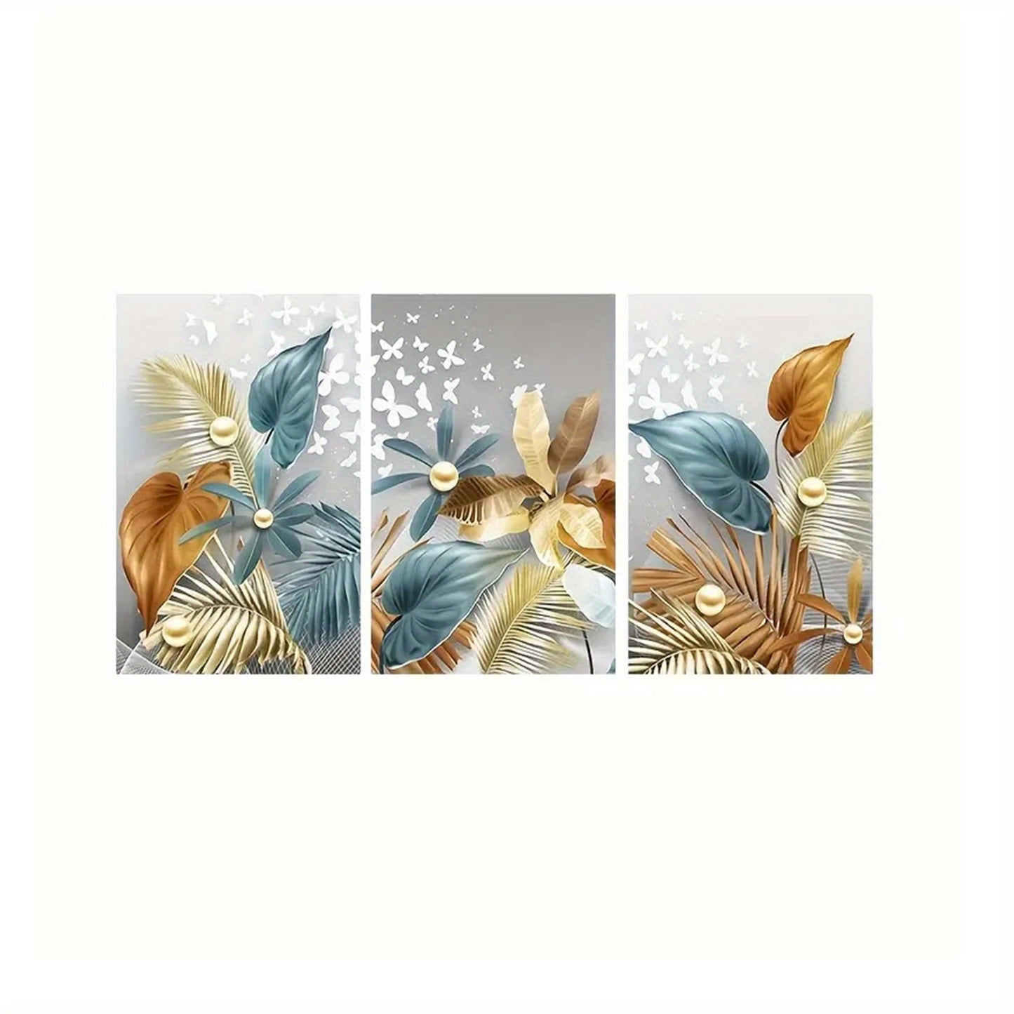 Frameless modern golden butterfly leaves canvas painting for living room decor, 3 pieces, 12x16in/30x40cm, no frame.