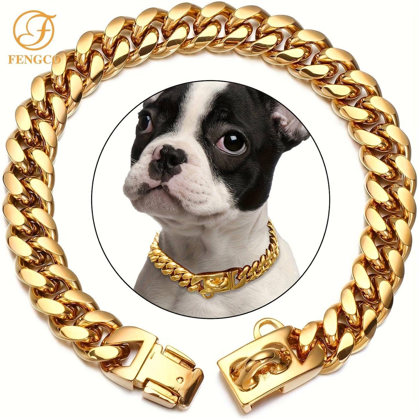 Stainless steel dog collar with gold chain and buckle, waterproof and anti-chew.