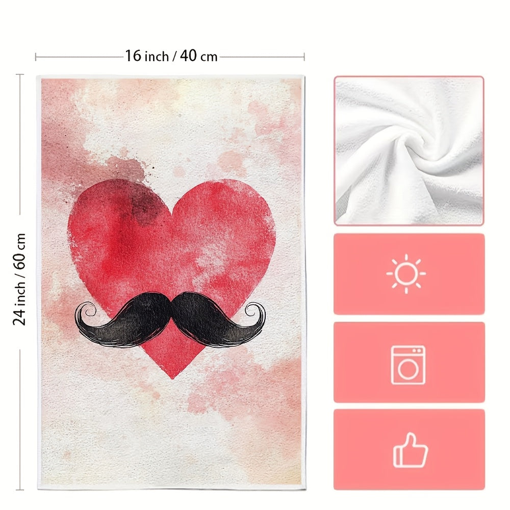 Set of 2 Ultra Soft Kitchen Towels with Fun Heart and Mustache Design, Super Absorbent Polyester Dish Hand Towels, Easy to Clean in Washing Machine, Size 40.64x60.96 cm - Perfect for Valentine's Day Decor and Daily Use in the Kitchen, Dish Towels