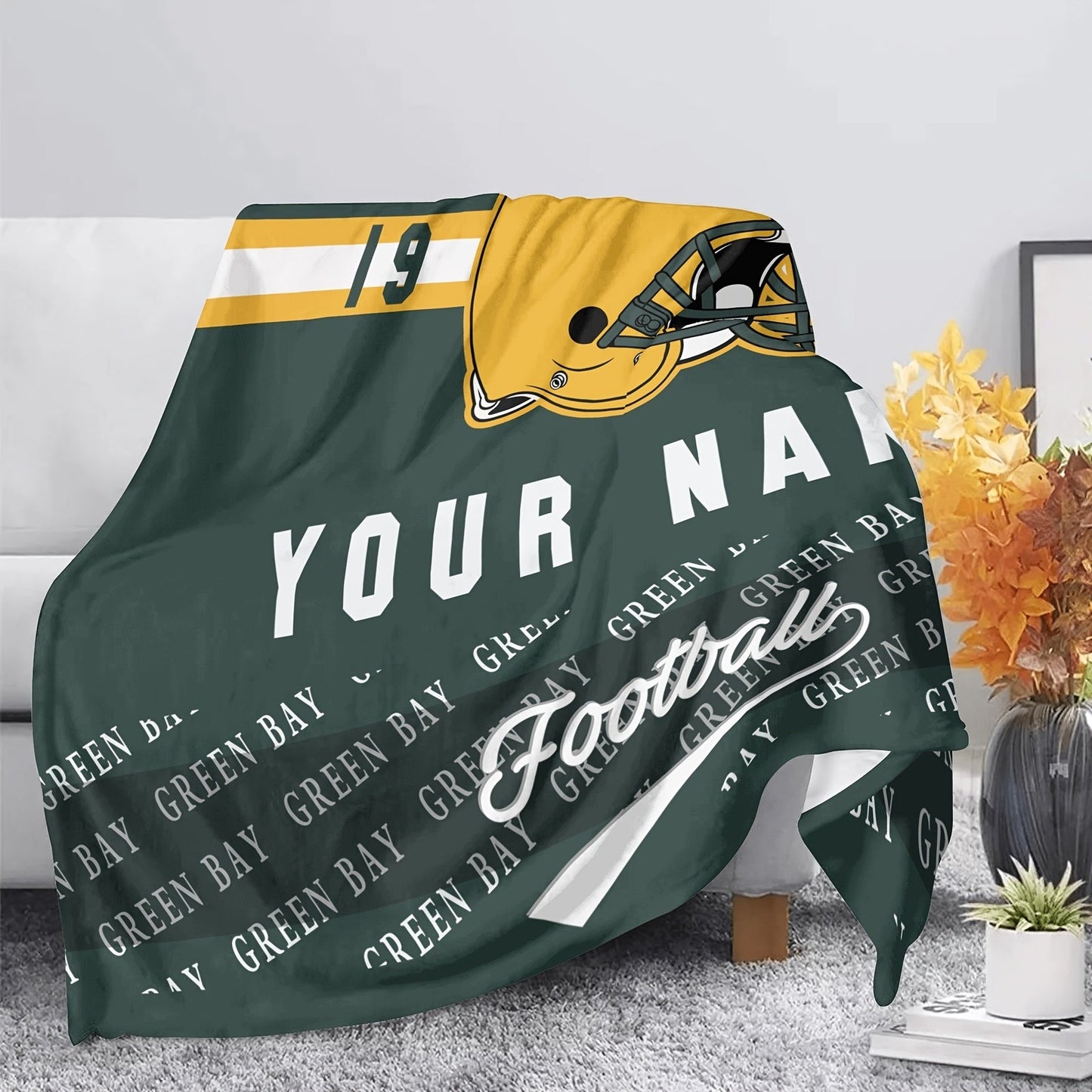 Personalized Green Bay Team Throw Blanket: Add Your Name, Easy to Clean, Soft Polyester Material, Ideal for Year-Round Comfort, Great for Travel or Home, Ideal Gift for Sports Fans