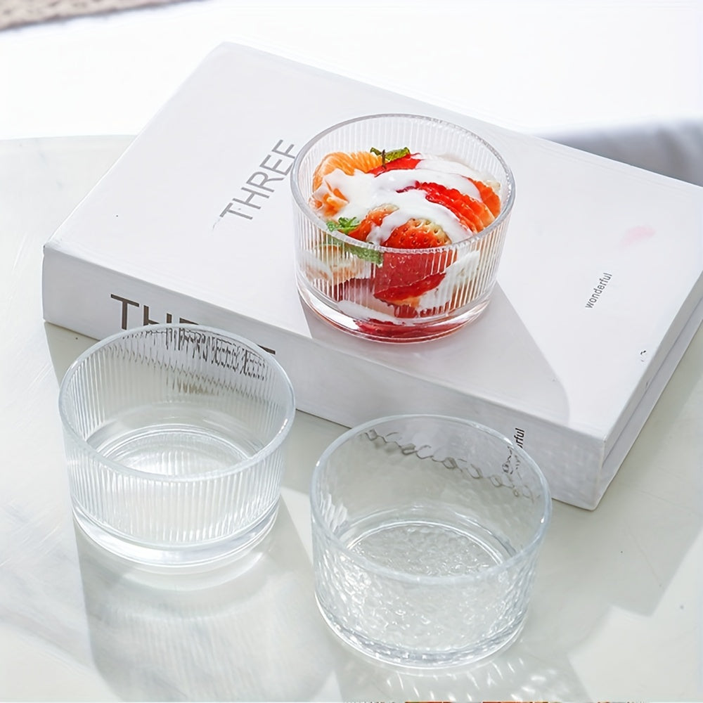 Versatile clear glass dessert bowls in 3 sizes for any occasion, suitable for yogurt, jams, and other desserts. Hand wash only. Reusable and recyclable.