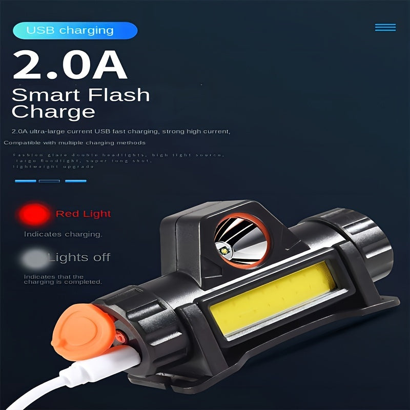 Multi-functional LED headlight with USB charging and COB light source, suitable for outdoor activities like fishing and emergency lighting.