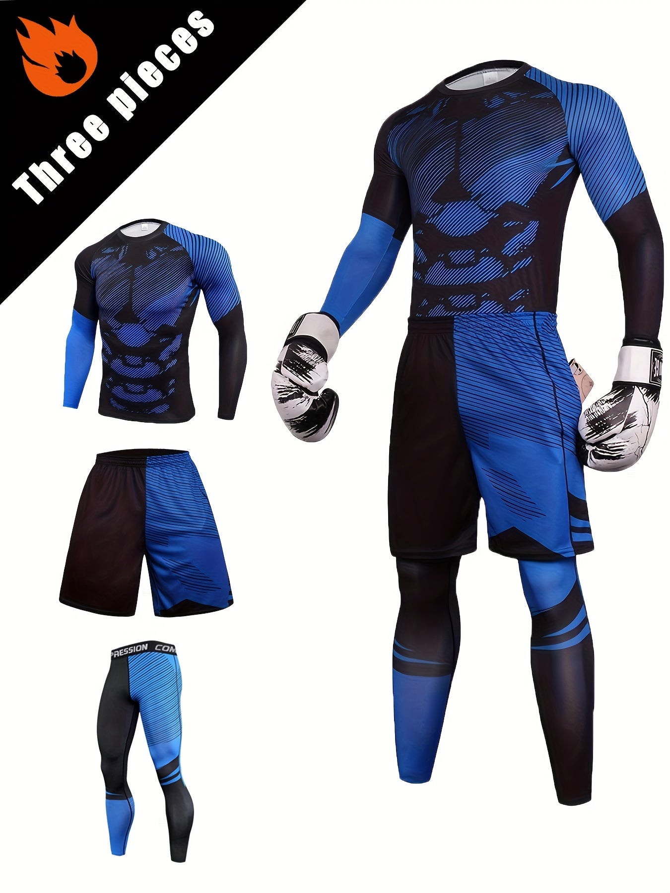 3-piece Men's Quick-drying Sports Suits: Long Sleeve Compression T-shirt, Breathable Shorts, High Stretch Leggings