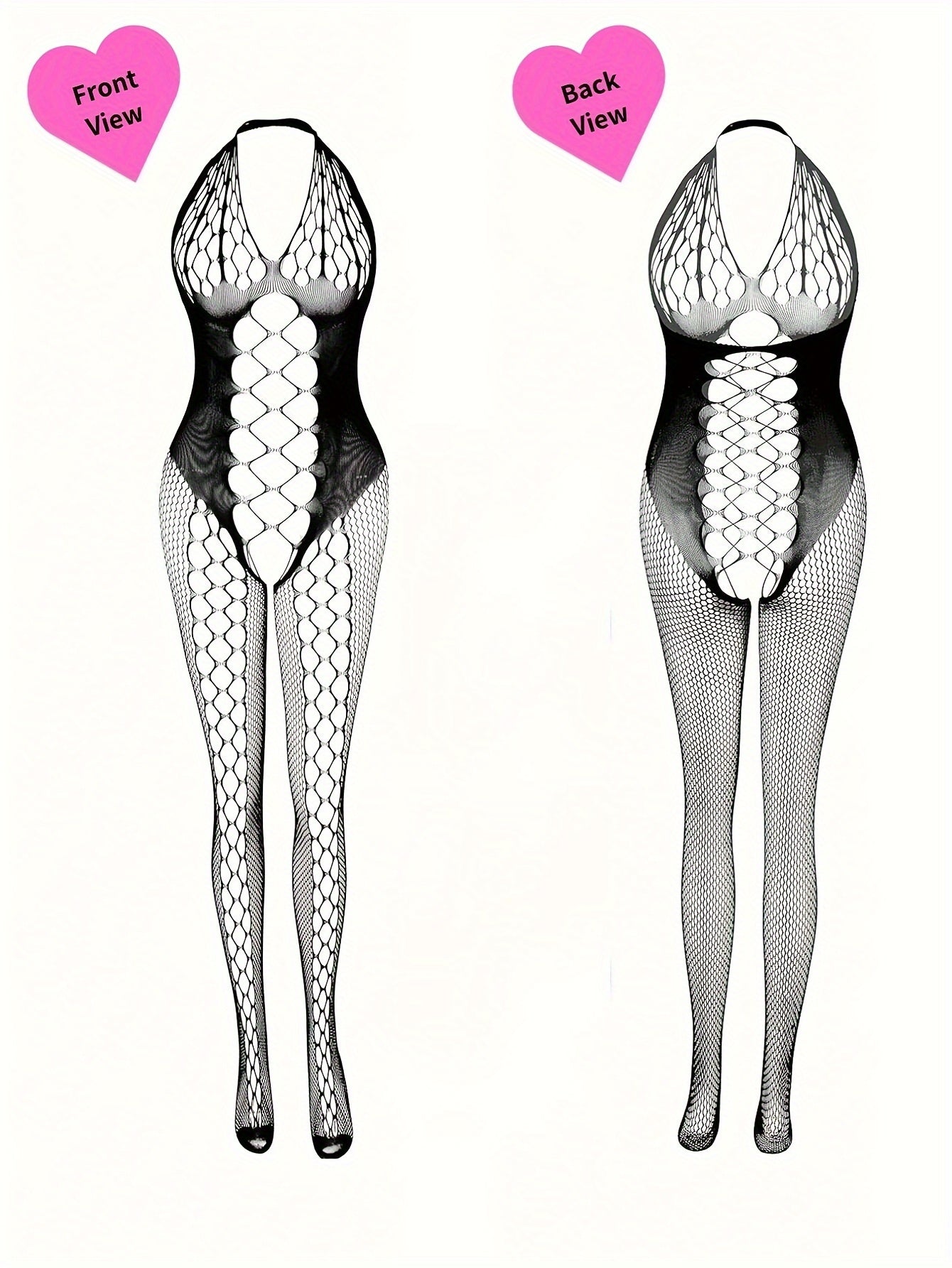 Women's black fishnet lingerie set includes bodysuit with open crotch. Made of high-elastic nylon and spandex in one size. Ideal for date nights, parties, honeymoons, and as a Valentine's