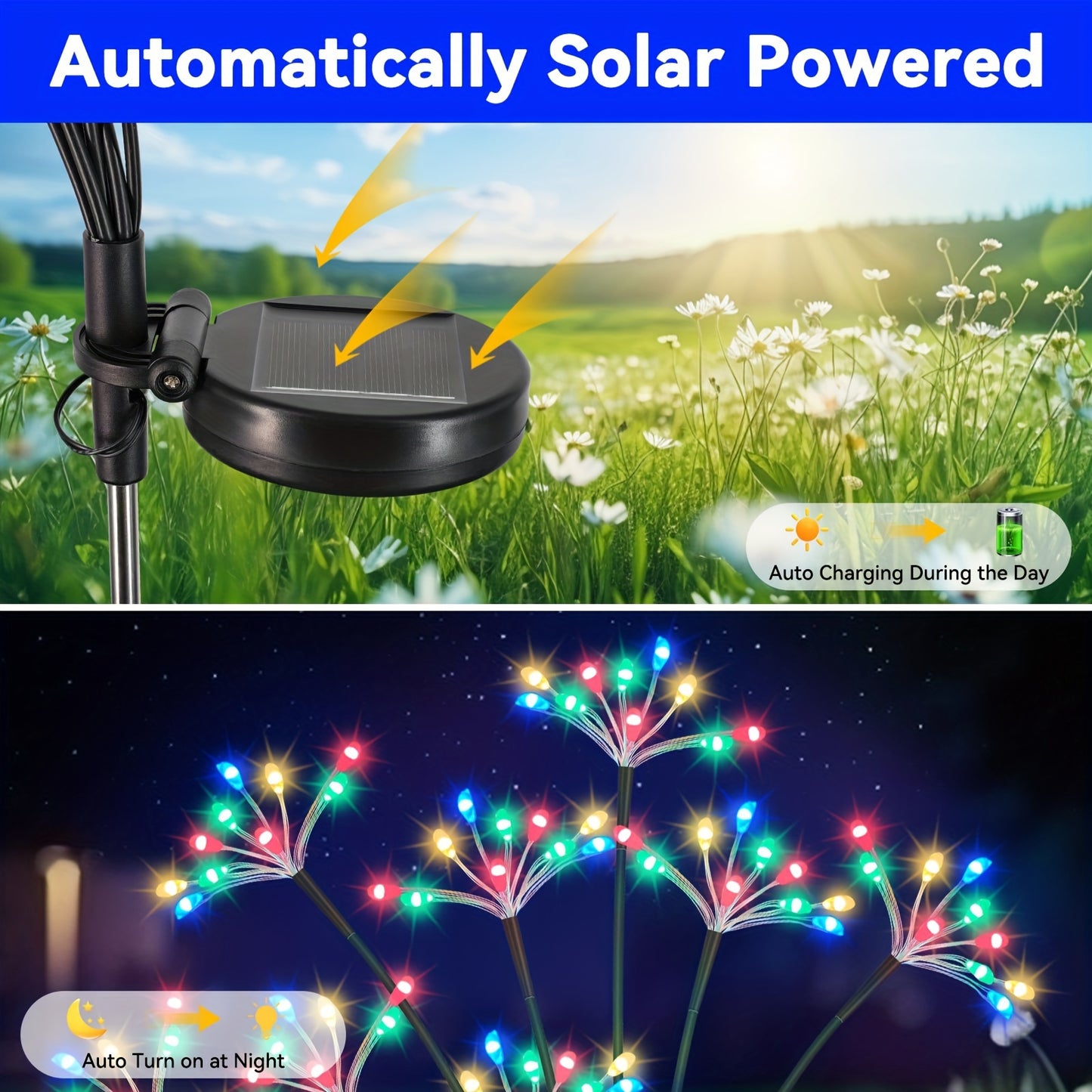 2-Pack YaaFen Solar Garden Lights with Starburst Fireworks Design, 160 LEDs, Energy-Efficient, Light Sensor Control, Polished Plastic Finish, Solar Powered with 600mAh Nickel Battery, for