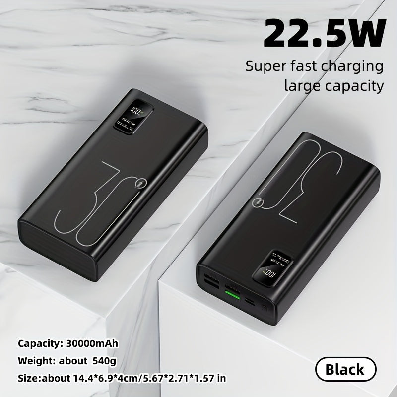 Portable power bank with 30000mAh capacity, 22.5W fast charging, and 3 USB outputs.