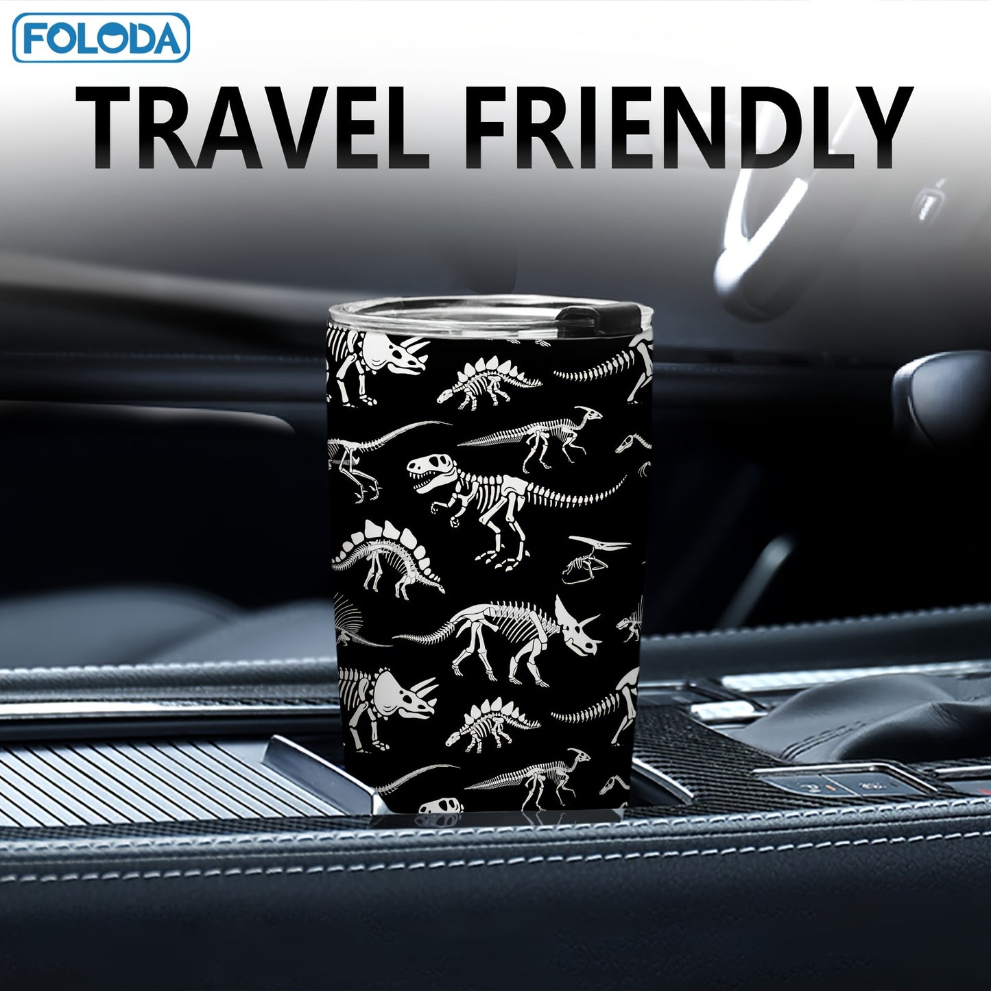 Foloda Dinosaur Stainless Steel Insulated Tumbler 20oz - Ideal for Hot/Cold Drinks, Oval Shape, Leak-Proof Flip Lid, Perfect Gift for Any Occasion.