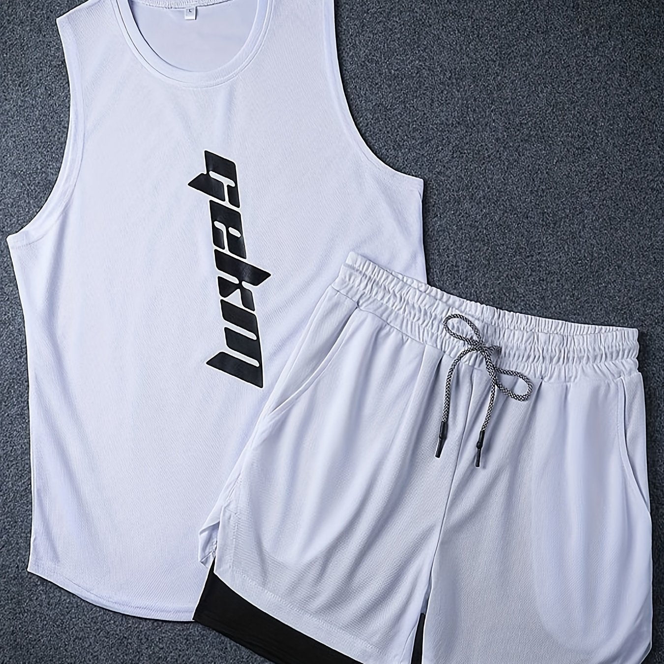 Men's 2-piece basketball outfits with letter print, casual graphic tank top and loose drawstring 2-in-1 shorts set.