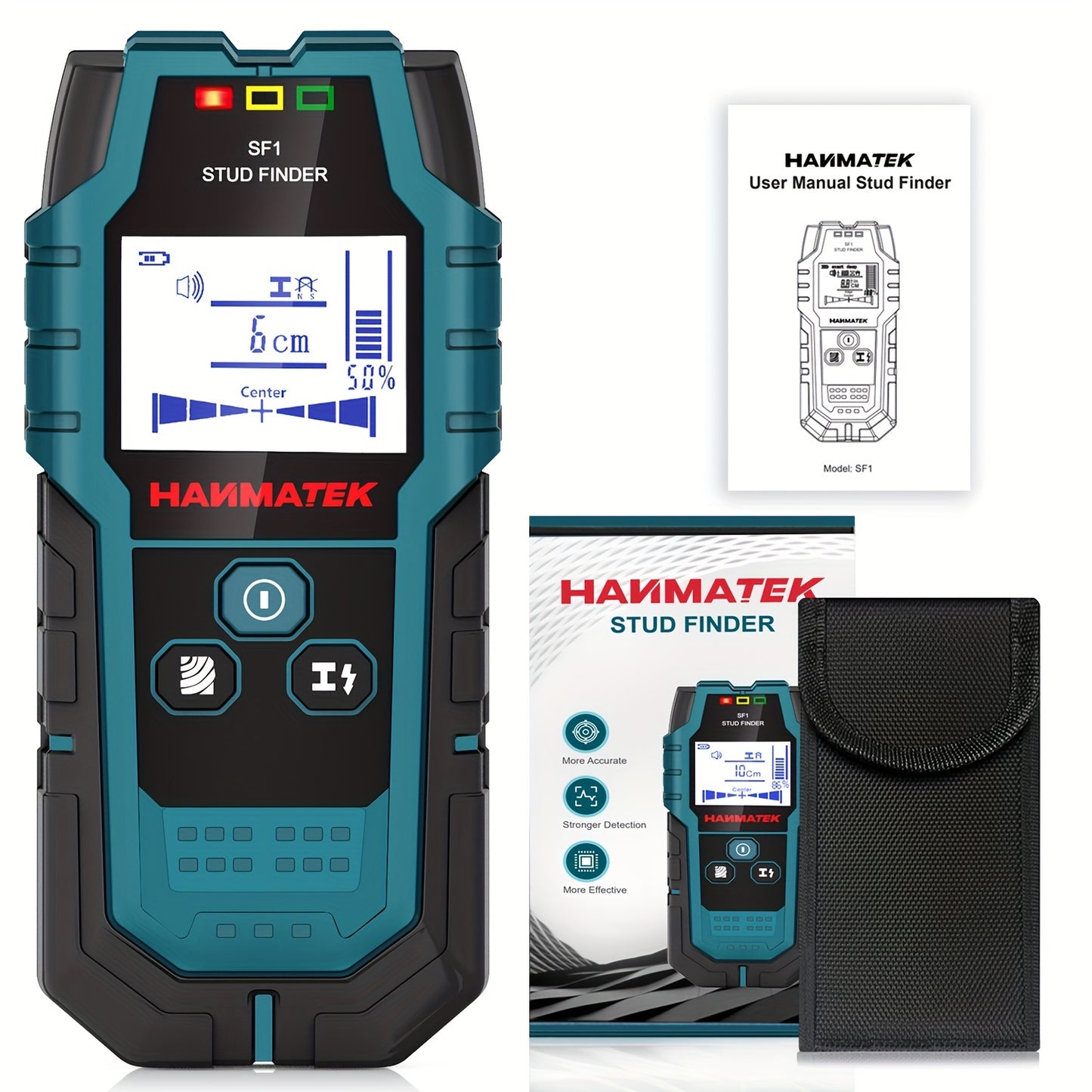 HANMATEK SF1 Wall Scanner detects studs, joists, and AC wires with LCD display.