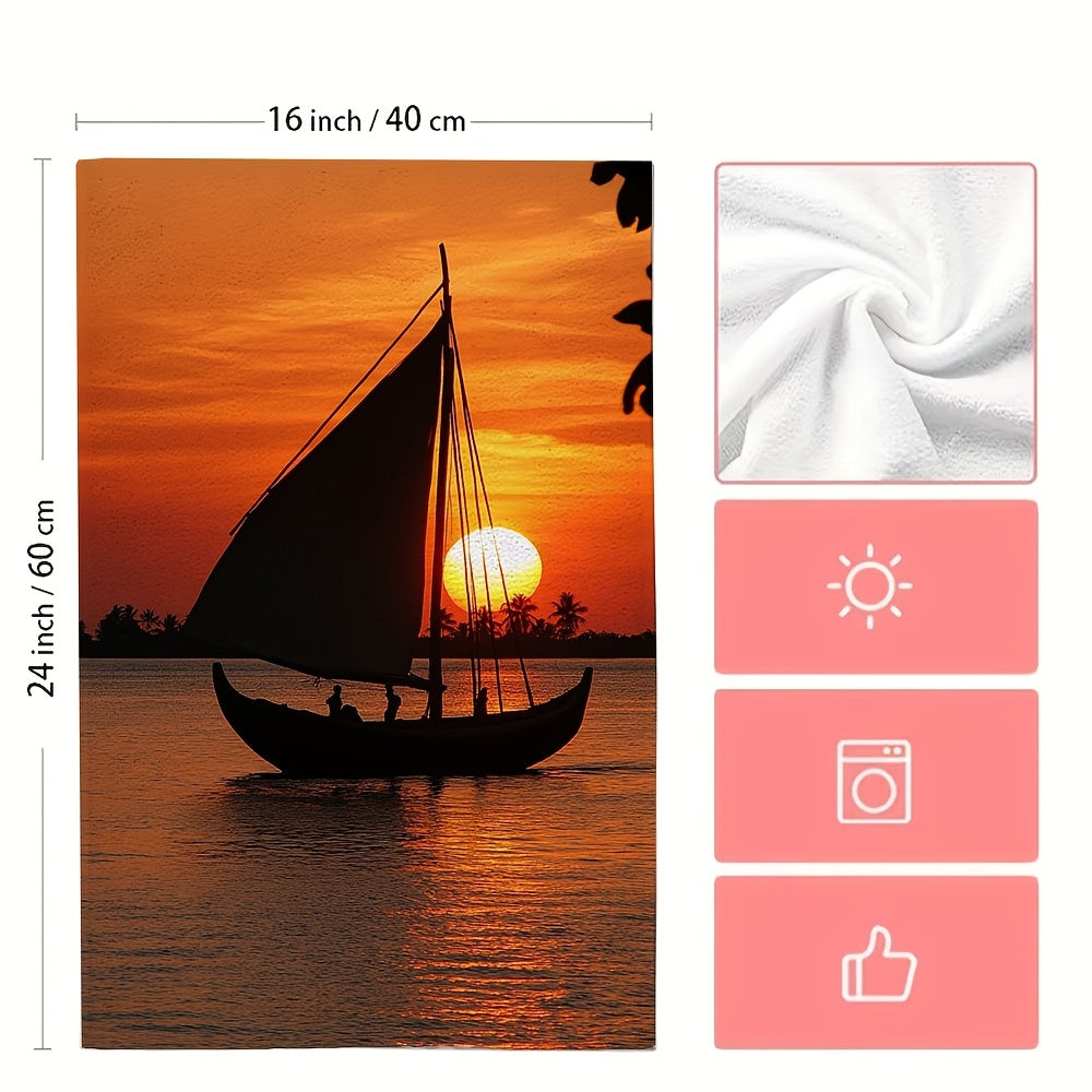 Set of 2 Ultra Soft Kitchen Towels featuring a beautiful Indian Ocean sunset sailboat scene. These towels are highly absorbent and machine washable, measuring 40.64x60.96 cm. Perfect for coastal decor and using as dish towels.