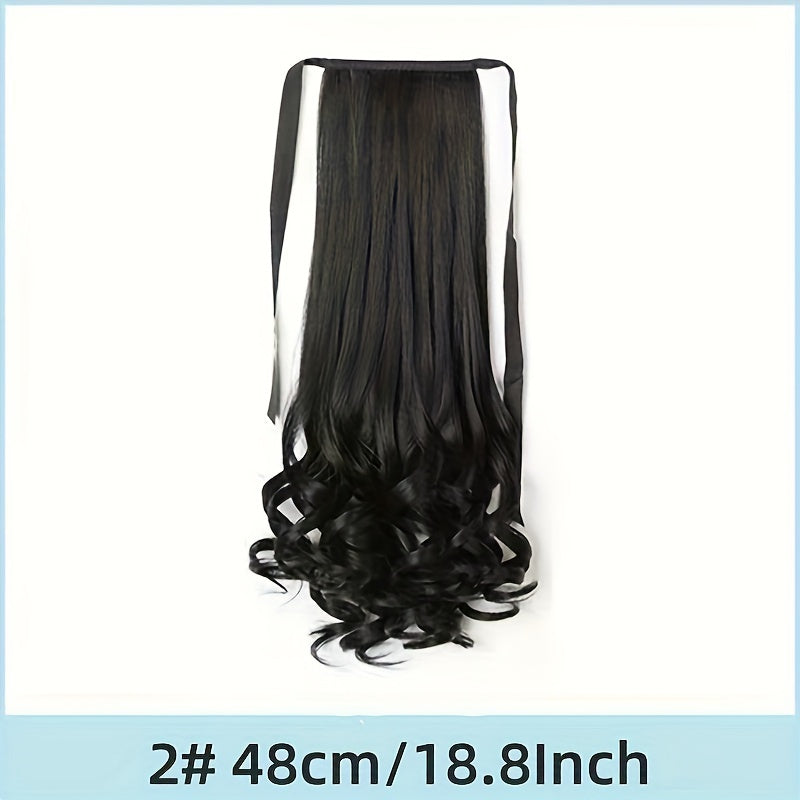 Stylish brown ponytail wig with ribbon tie made of high-temperature synthetic hair, perfect for all women.