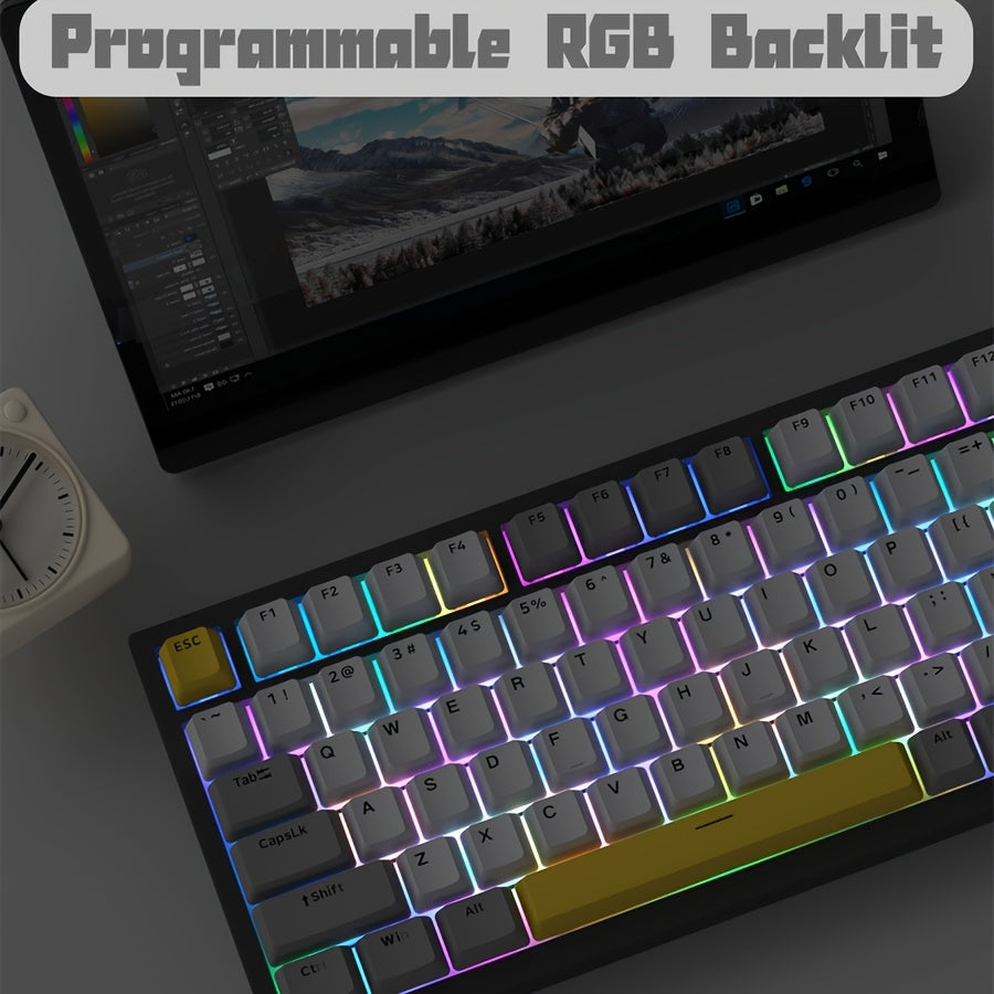 AJAZZ AK820 is a 75% wired mechanical gaming keyboard with volume knob, South-backlit LED, PBT keycaps, swappable RGB keys, ergonomic design, detachable USB-C cable, and keycap puller