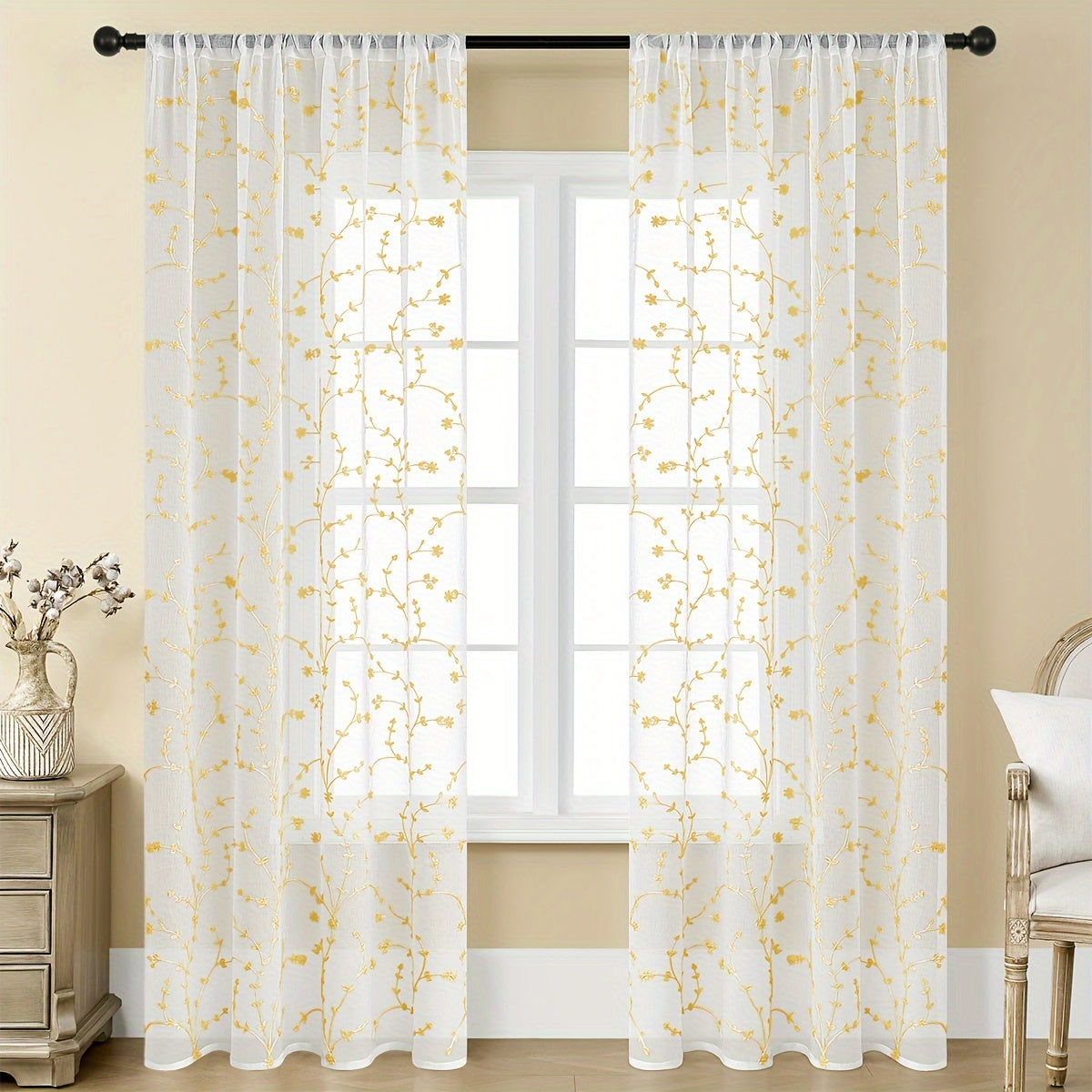 Pair of delicate, transparent gauze curtains adorned with small floral embroidery. These lightweight curtains are heat-insulating and breathable, making them perfect for use in living rooms, bedrooms, restaurants, hotels, or outdoor weddings. Ideal for