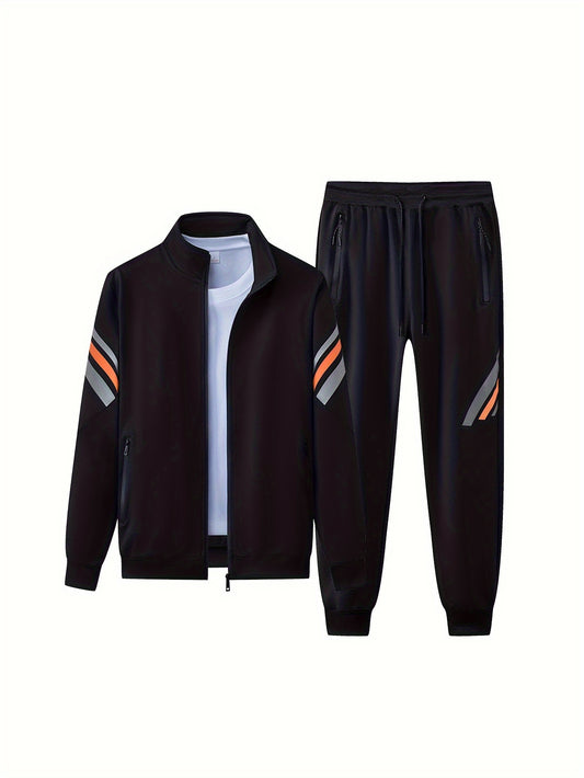 Men's trendy sweatsuit set with cardigan jacket, pants, and zip-up outerwear.