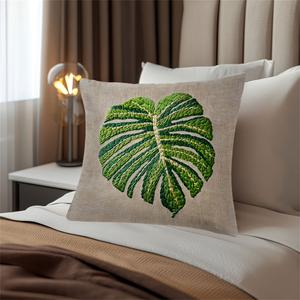 Monstera Leaf Pattern Pillow Cover - 1 Piece, Made of 100% Polyester, Two-Sided Print, Square Shape, Easy to Machine Wash. This decorative cushion case is perfect for your home, office, living room, car, or sofa. Measures 45.72x45.72 cm and does not