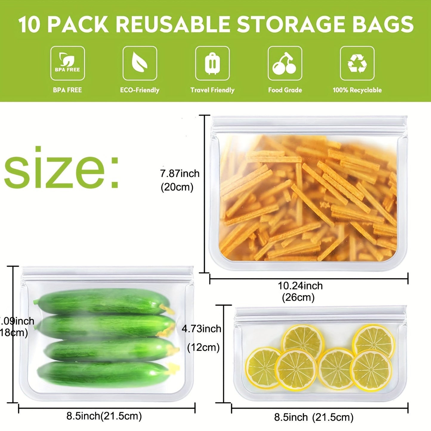 Dishwasher Safe Reusable Freezer Bags - Set of 10, BPA-free and Extra Thickened. Leakproof Silicone and Plastic Free Storage Bags for Meats, Cereal, Sandwiches, Snacks, and Organizing Your Kitchen. Includes Kitchen Accessories for Easy Storage.