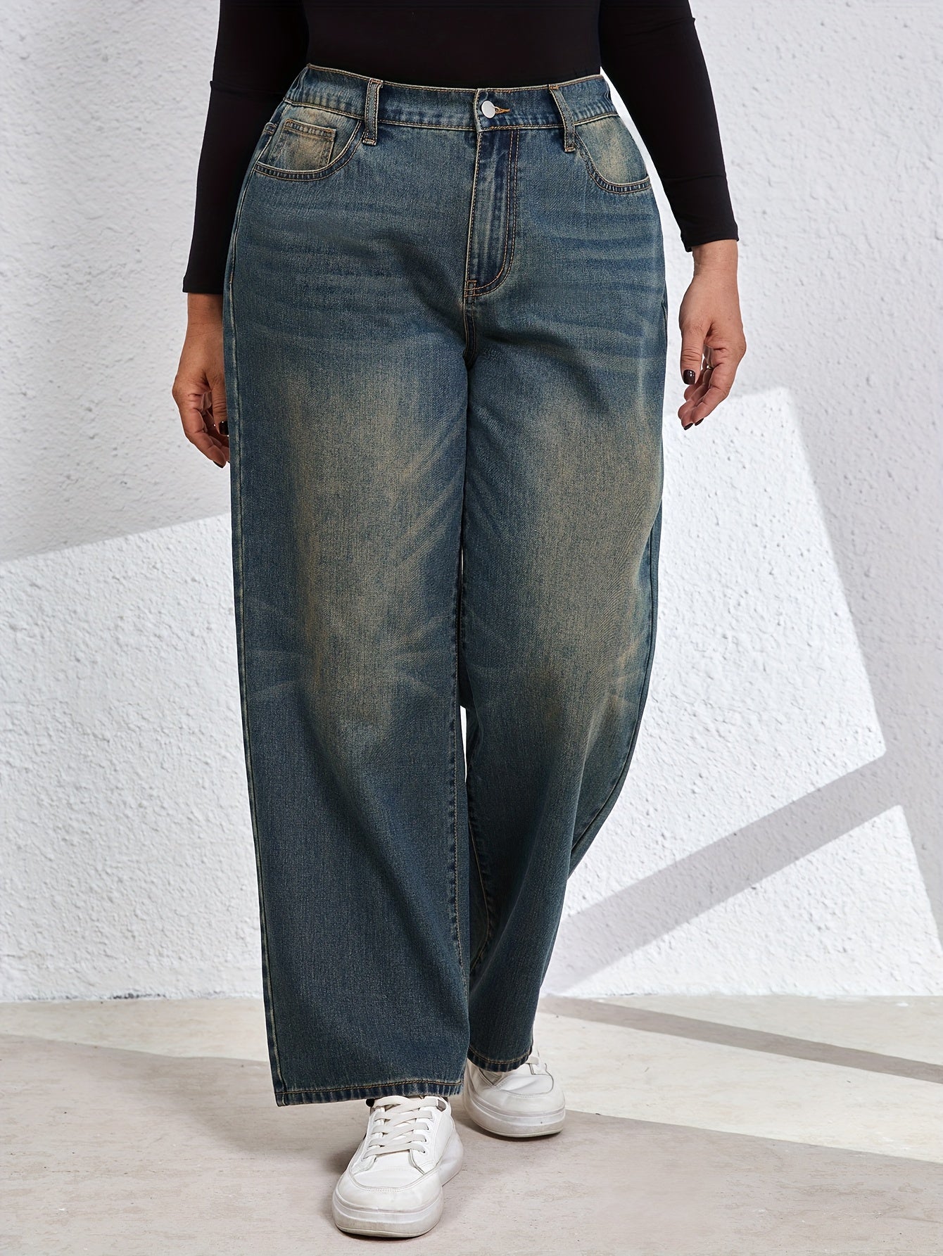 Kiki Angel Straight Leg Jeans, Plus Size, Casual Washed Denim, Solid Color, for Fall/Winter