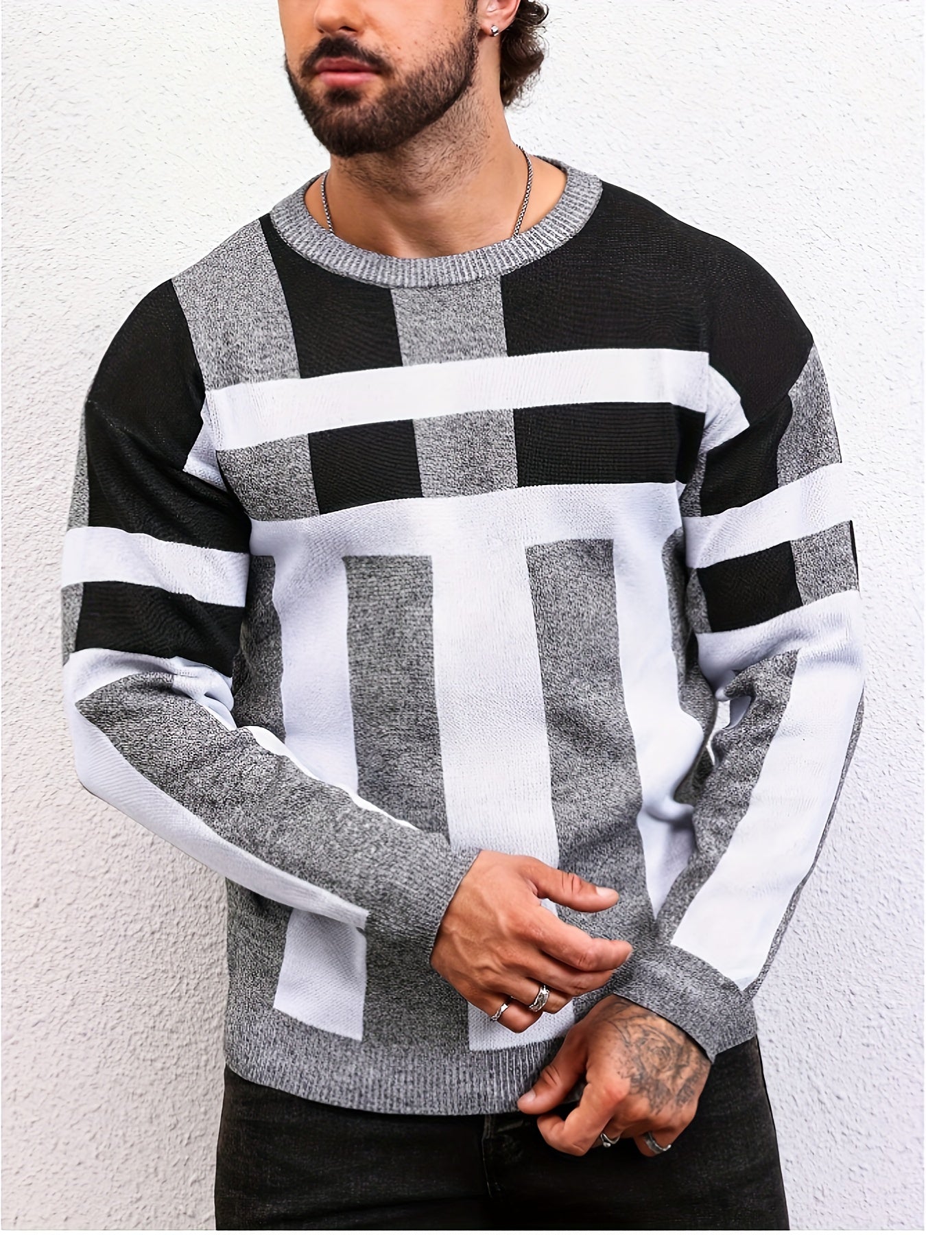 New men's fashion jacquard sweater for autumn and winter, casual tops pullover with long sleeve crew neck.