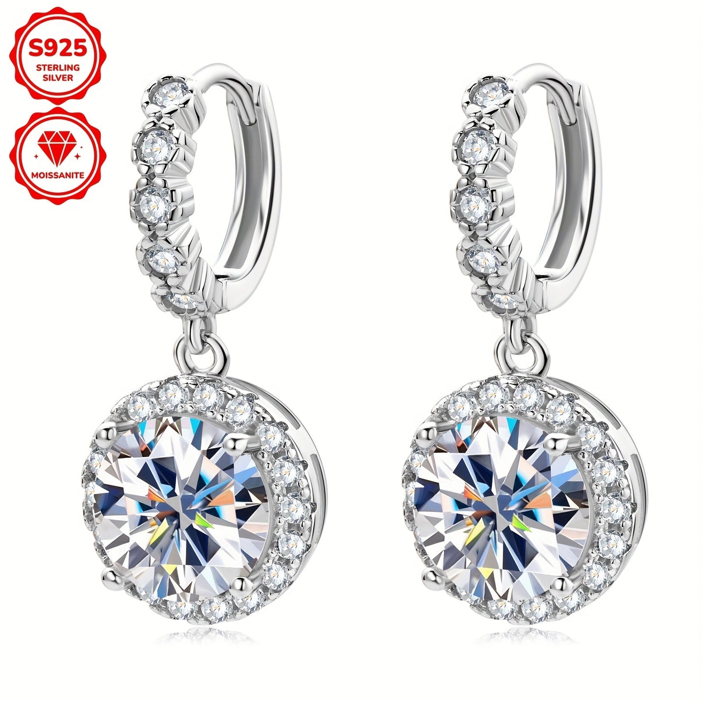 925 Sterling Silver Hoop Earrings with Synthetic Moissanite in 14K Gold Plating, featuring a Dangling Round Design perfect for Vacation Style. This elegant pair is ideal for Christmas and Holiday themes, as well as Party and Wedding events. Available in