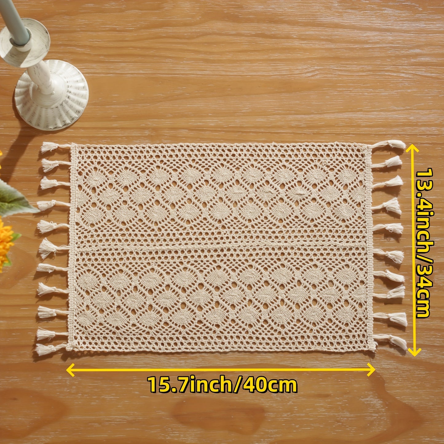 Beige geometric crochet table runner made of pure cotton linen with small rhombus pattern and hollow lace design.