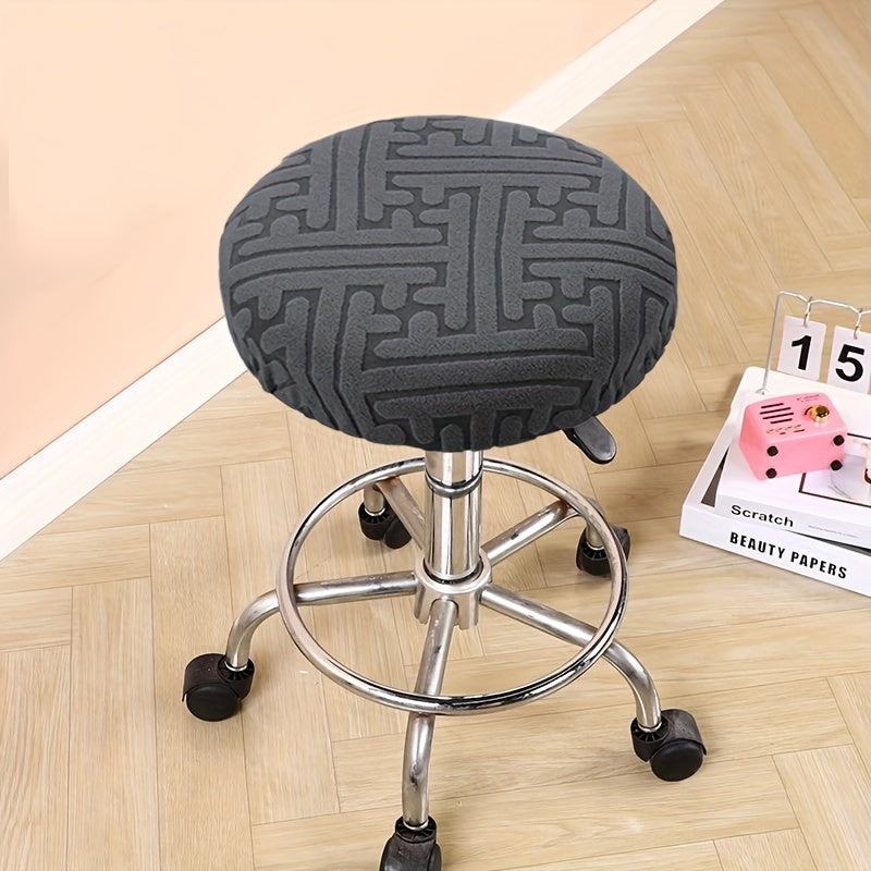 Modern round stool cover with geometric patterns, ideal for bar chairs and countertops. Beige, elastic, dustproof, machine washable polyester blend fabric.