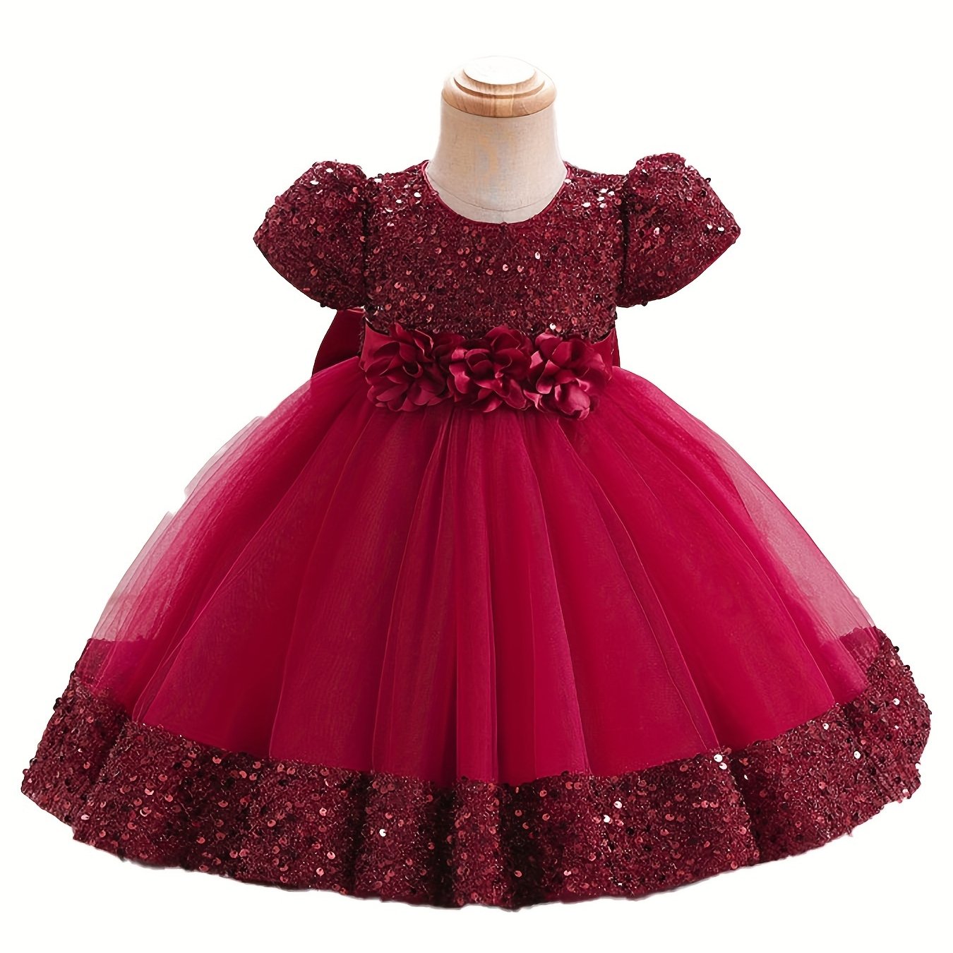 Glamorous red princess dress for girls with bohemian flair, sequin detail, short sleeves, and tulle overlay. Made from a blend of polyester and viscose, suitable for all seasons.