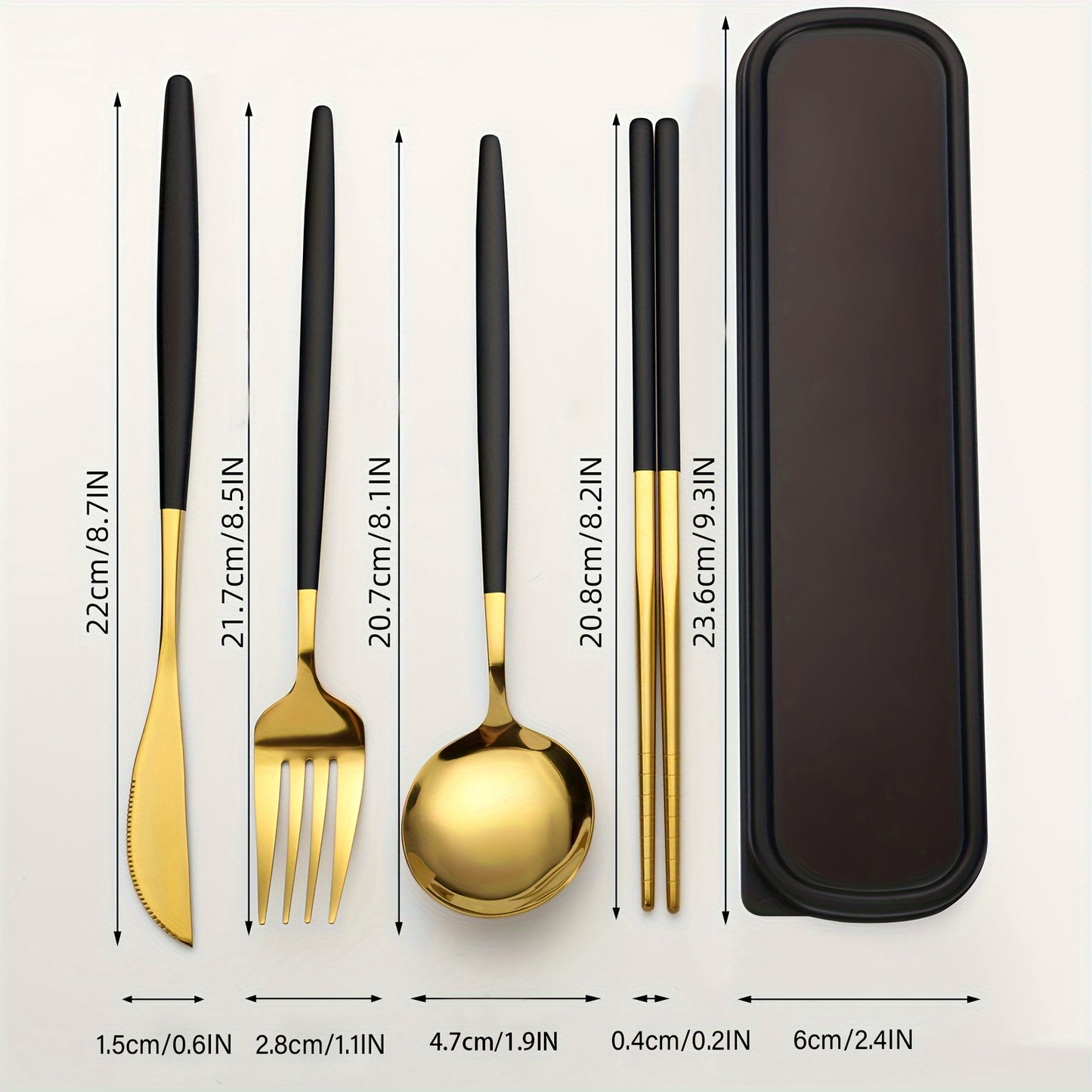 Portable 5-piece flatware set made of premium stainless steel includes knife, spoon, fork, chopsticks, and storage box. Perfect for travel, office, school, picnics, parties, and weddings. Custom sets available for families.