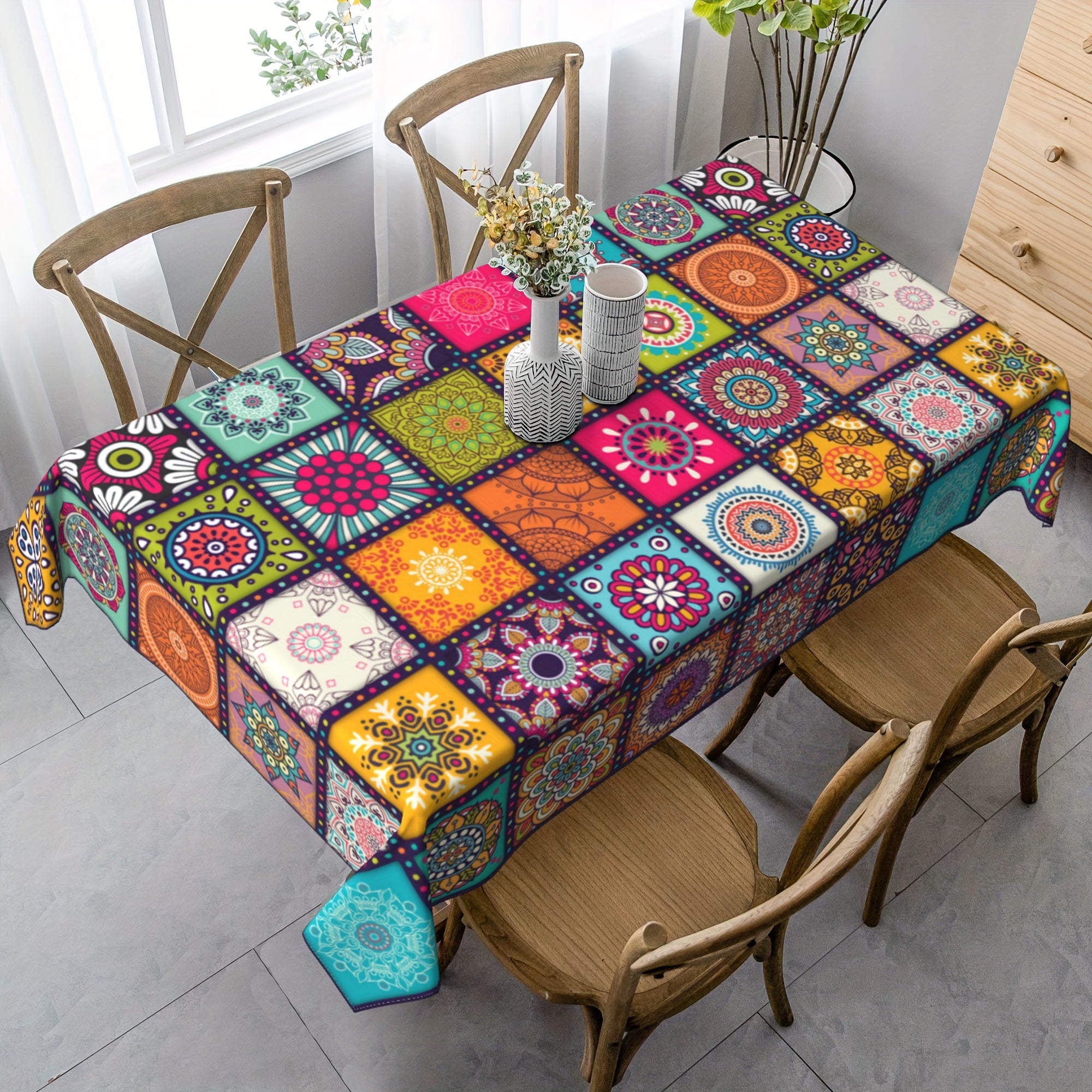 Rectangular Mandala Bohemian Tablecloth - Colorful Indian Festival Decor - 152.4×203.2 cm