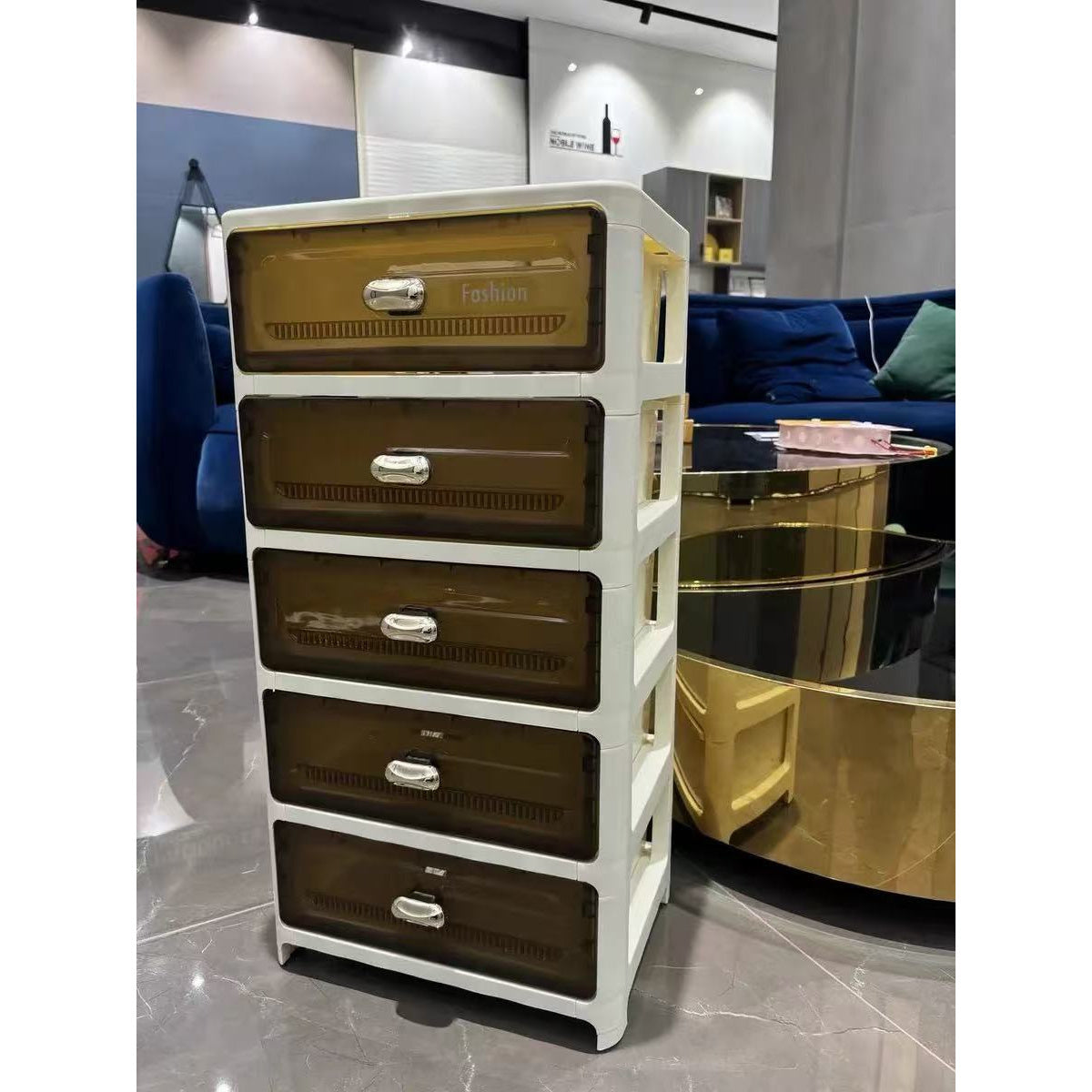 Rolling storage cabinet with drawers in white with transparent fronts, golden handles. Ideal for office, living room, bedroom. Perfect for snacks, documents, underwear, cosmetics. Great for