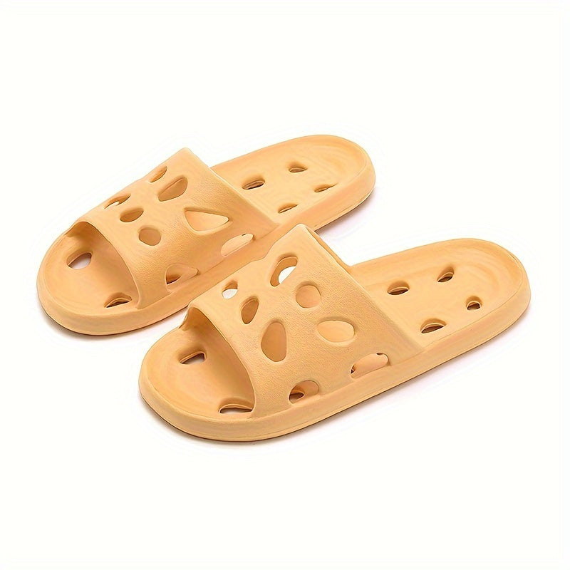 1 Pair of EVA Slippers with Solid Color Hollow-Out Design, Non-Slip Sole, Drainage Holes, and Soft Shower Slides.