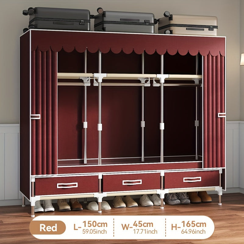 This modern wardrobe features a durable steel frame and sliding curtain for a sleek and space-saving design. Perfect for bedroom or dorm storage, this portable closet is both sturdy and stylish.