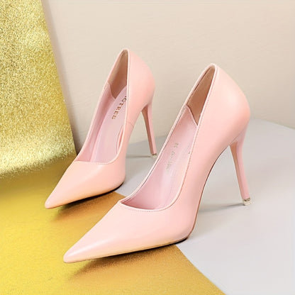 Solid color stiletto heels for women with point toe and slip-on style.