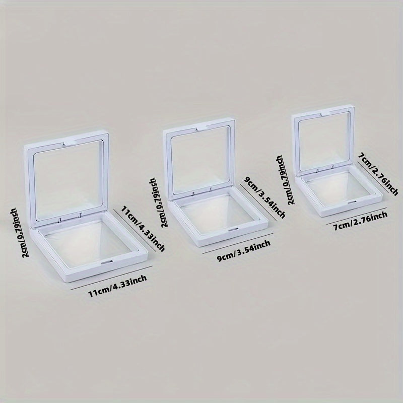 10-pack of floating jewelry boxes for rings, bracelets, earrings, and necklaces.