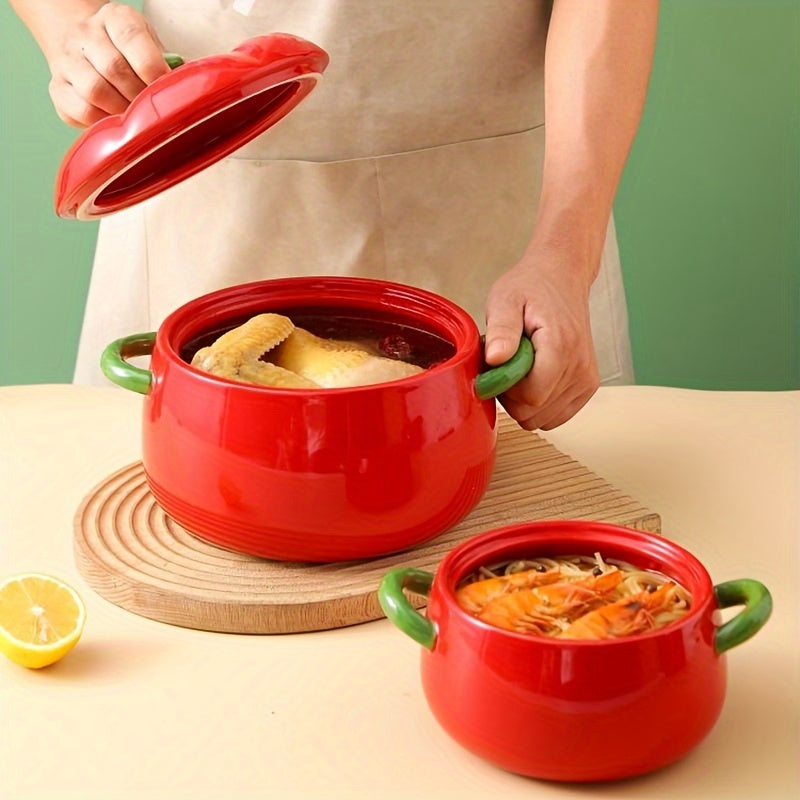 Large soup and salad bowl made of ceramic in the shape of a tomato, comes with a lid. Dishwasher safe and perfect for use in kitchens and restaurants. Makes for a unique gift idea.