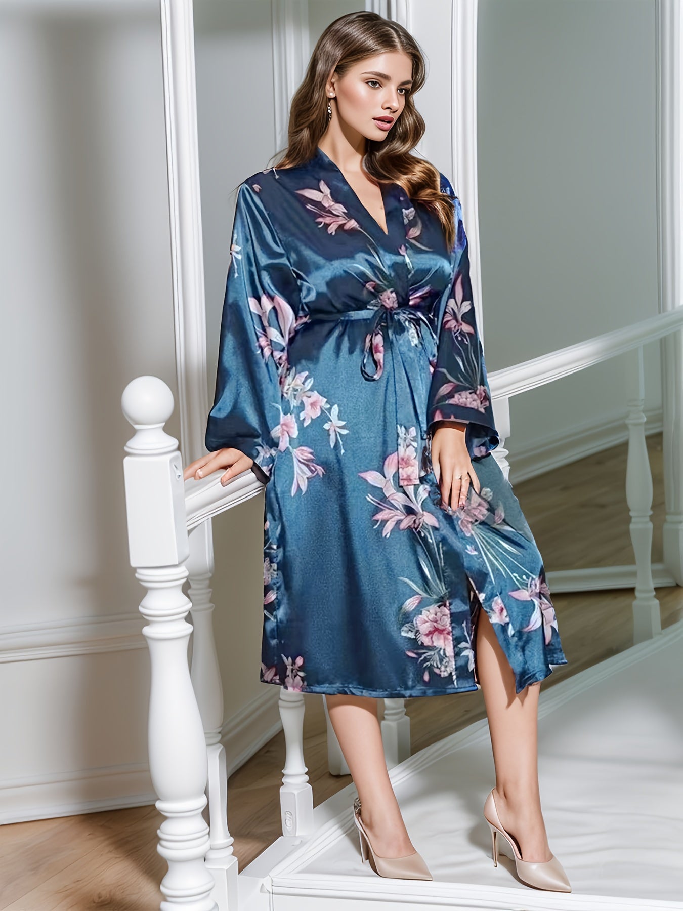 Women's Plus Size Elegant Lounge Robe in Floral Print for Fall & Winter