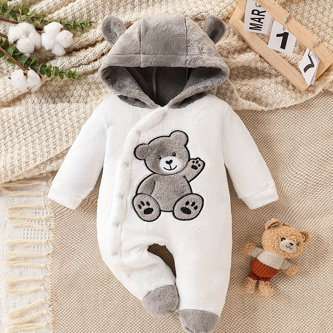 Baby body suit with foot bag, newborn children's winter thickened plush warm underwear.