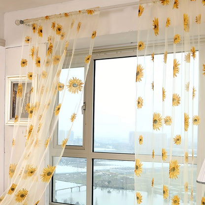 Sunflower Printed Sheer Curtain with Thin Flower Design - Ideal for Bedroom, Office, Kitchen, Living Room, Study - Rod Pocket Window Treatment for Home Decor and Aesthetic Room Decoration