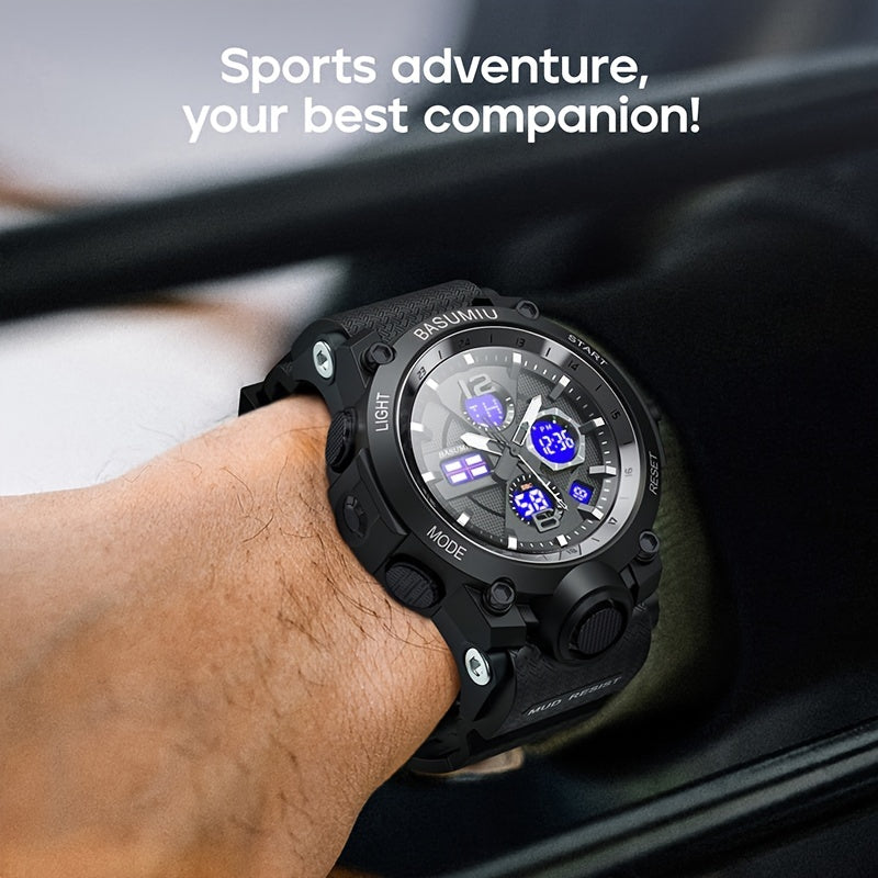 Digital sports watch for men with a waterproof tactical military design. Features dual display electronic movement and luminous detailing. Comes with a PC case, TPU strap, and non-rechargeable button battery. Rated IPX7 for water resistance.