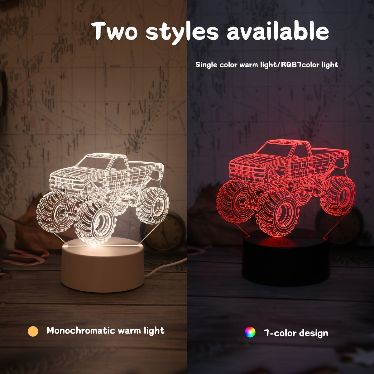 Modern Monster Truck 3D Illusion Table Lamp, Touch Control Night Decor, USB Powered Desk Accent with Integrated LED Source.