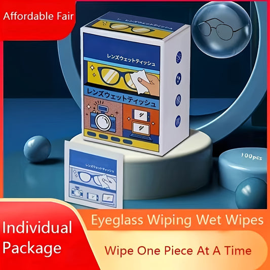 100-Pack of pre-moistened disposable eyeglass wipes for cleaning glasses, screens, and jewelry. Fragrance-free and anti-fog.